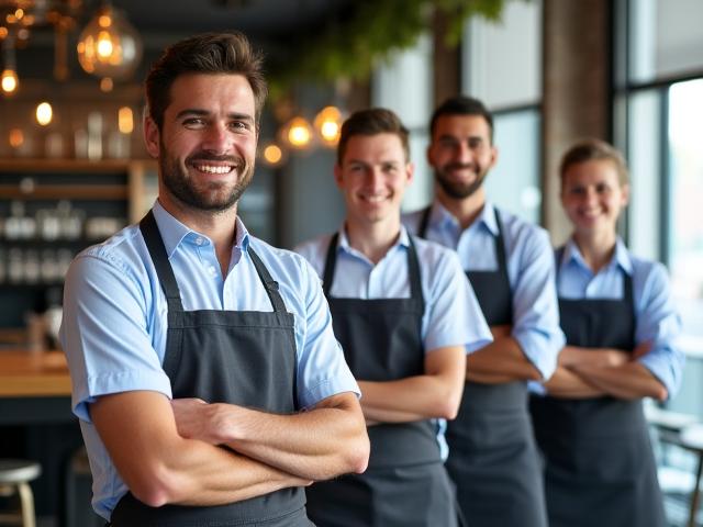 Équipe de restauration souriant et échangeant avec assurance